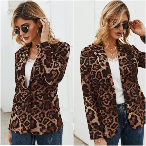 brown Leopard print chic one button Blazer - Picture 5 of 5